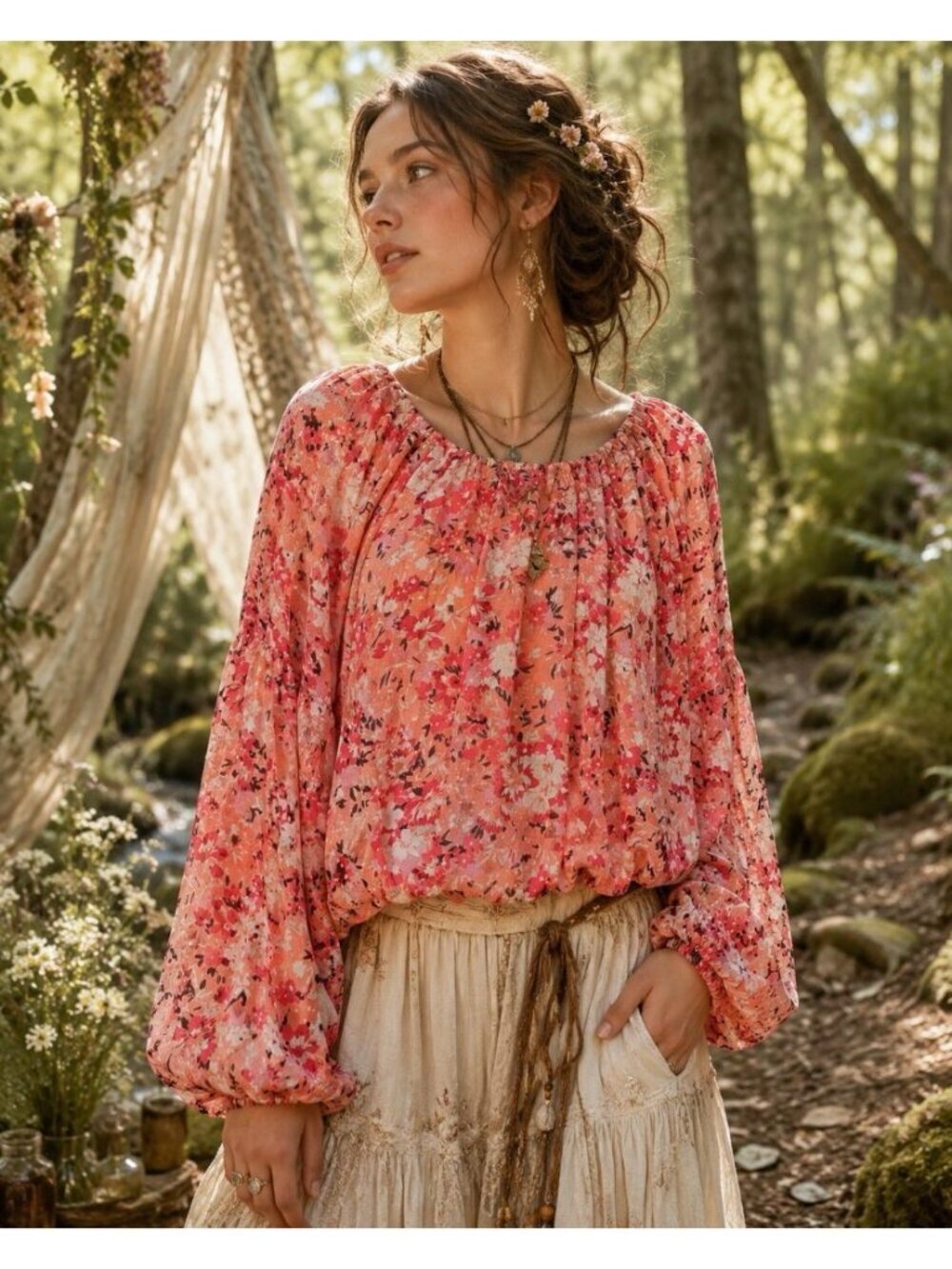 Fairycore Long Sleeve Bubble Hem Top Women S Bar III Pink Floral Boho Earthy